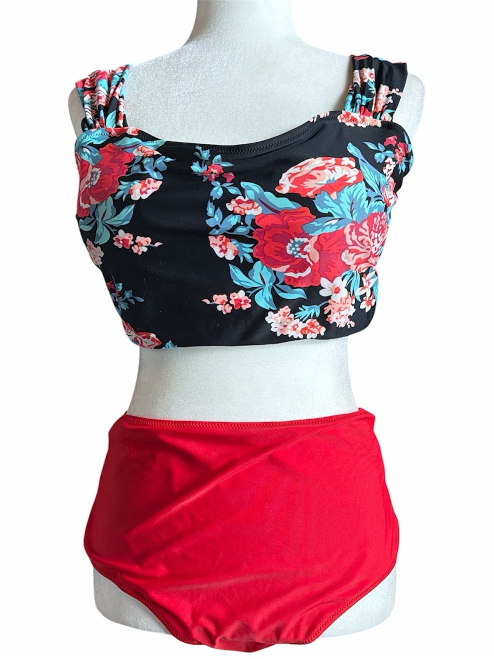 Floral Black Crop Bikini Top with Red High Waist Bottoms